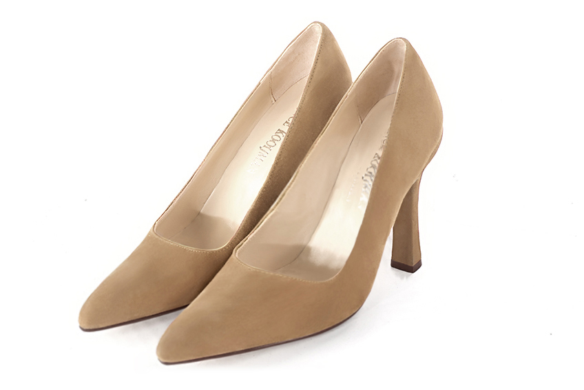 Tan beige women's dress pumps,with a square neckline. Tapered toe. Very high spool heels. Front view - Florence KOOIJMAN